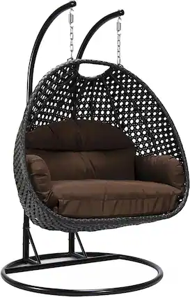 Front. LeisureMod - Mendoza 2-Person Outdoor Charcoal Wicker Swing Chair - Rust-Resistant Frame, Handwoven Boho Porch Swing with Cushions - Brown.