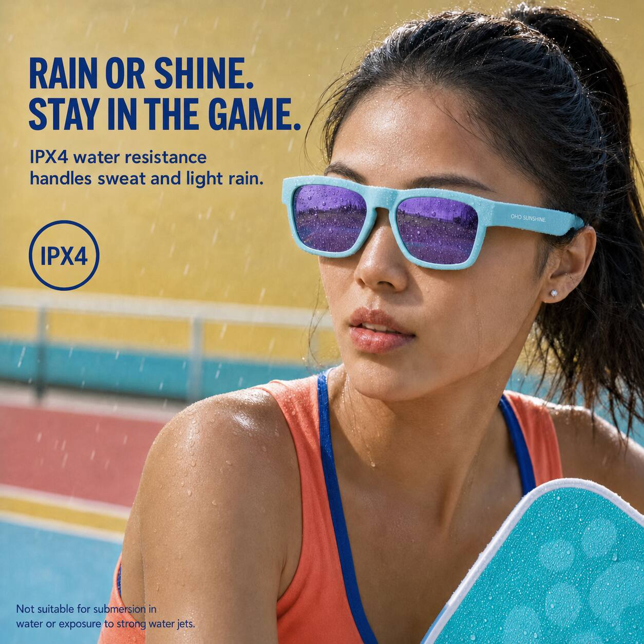 RAIN OR SHINE.  
STAY IN THE GAME.  
IPX4 water resistance handles sweat and light rain.  

IPX4  

Not suitable for submersion in water or exposure to strong water jets.