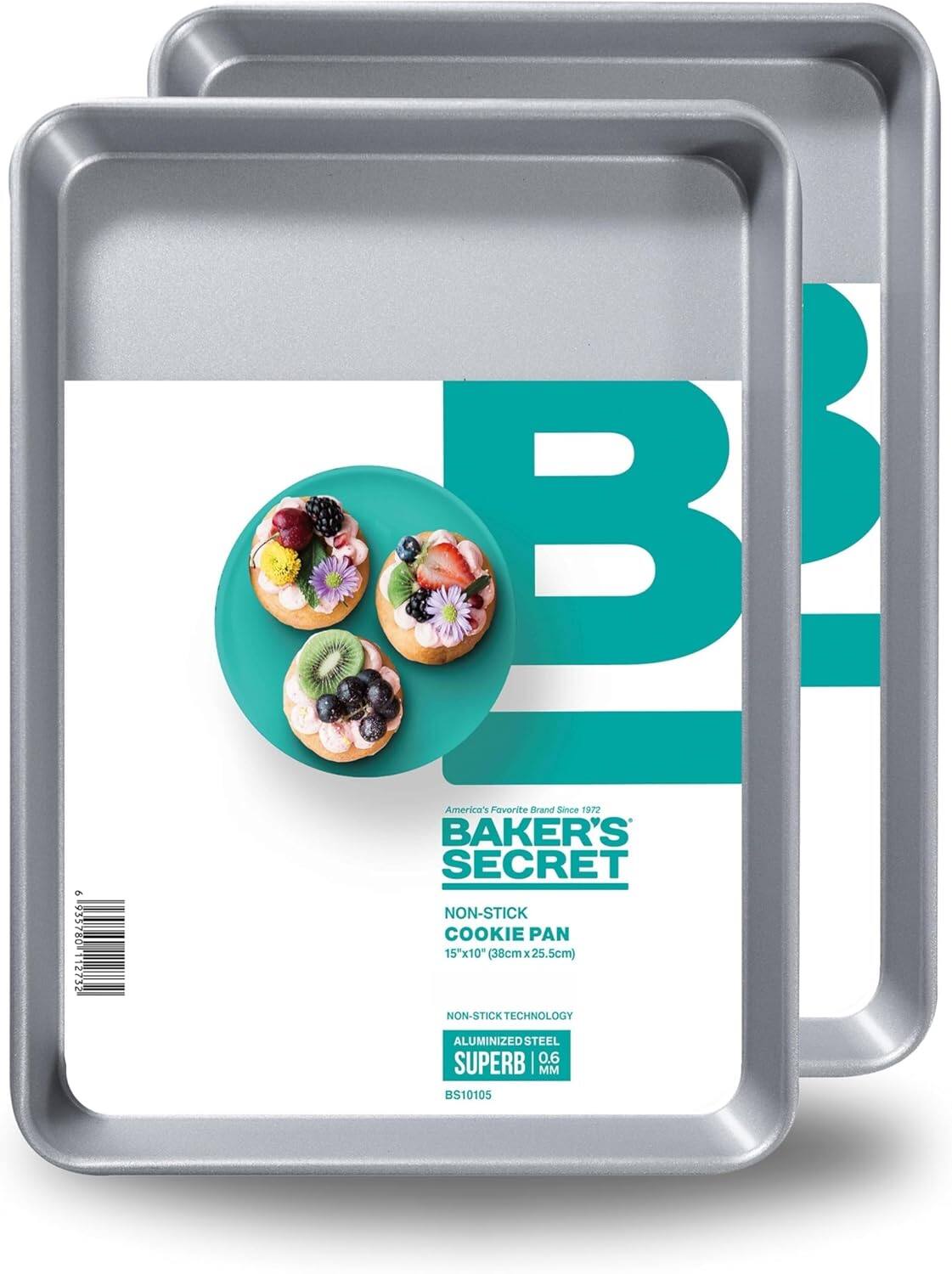6 935780 12732  
America's Favorite Brand Since 1972  
BAKER'S SECRET  
NON-STICK COOKIE PAN  
15"x10" (38cm x 25.5cm)  
NON-STICK TECHNOLOGY  
ALUMINIZED STEEL  
SUPERB | 0.6 MM  
BS10105