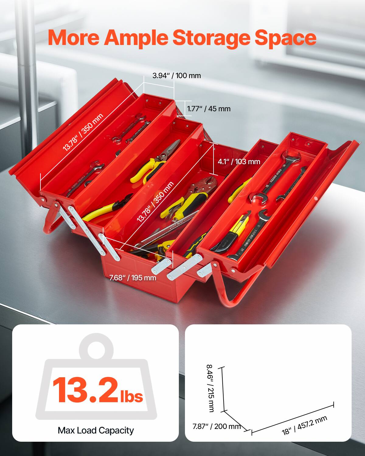 More Ample Storage Space

- 3.94" / 100 mm
- 1.77" / 45 mm
- 4.1" / 103 mm
- 13.78" / 350 mm
- 7.68" / 195 mm

Max Load Capacity: 13.2 lbs

- 8.46" / 215 mm
- 7.87" / 200 mm
- 18" / 457.2 mm