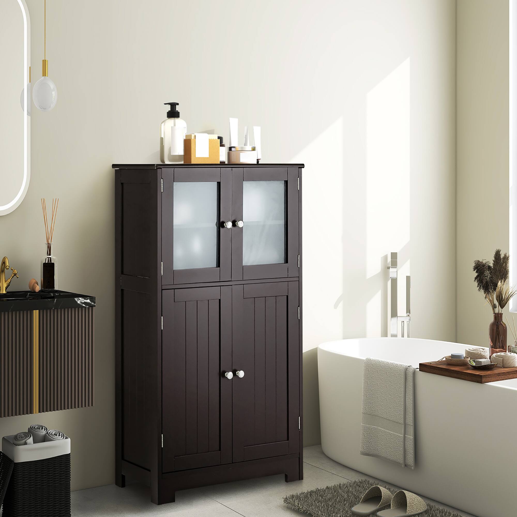 Alt View 1. Costway - Costway Bathroom Floor Storage Cabinet Kitchen Cupboard w/Doors&Adjustable Shelf - Brown.