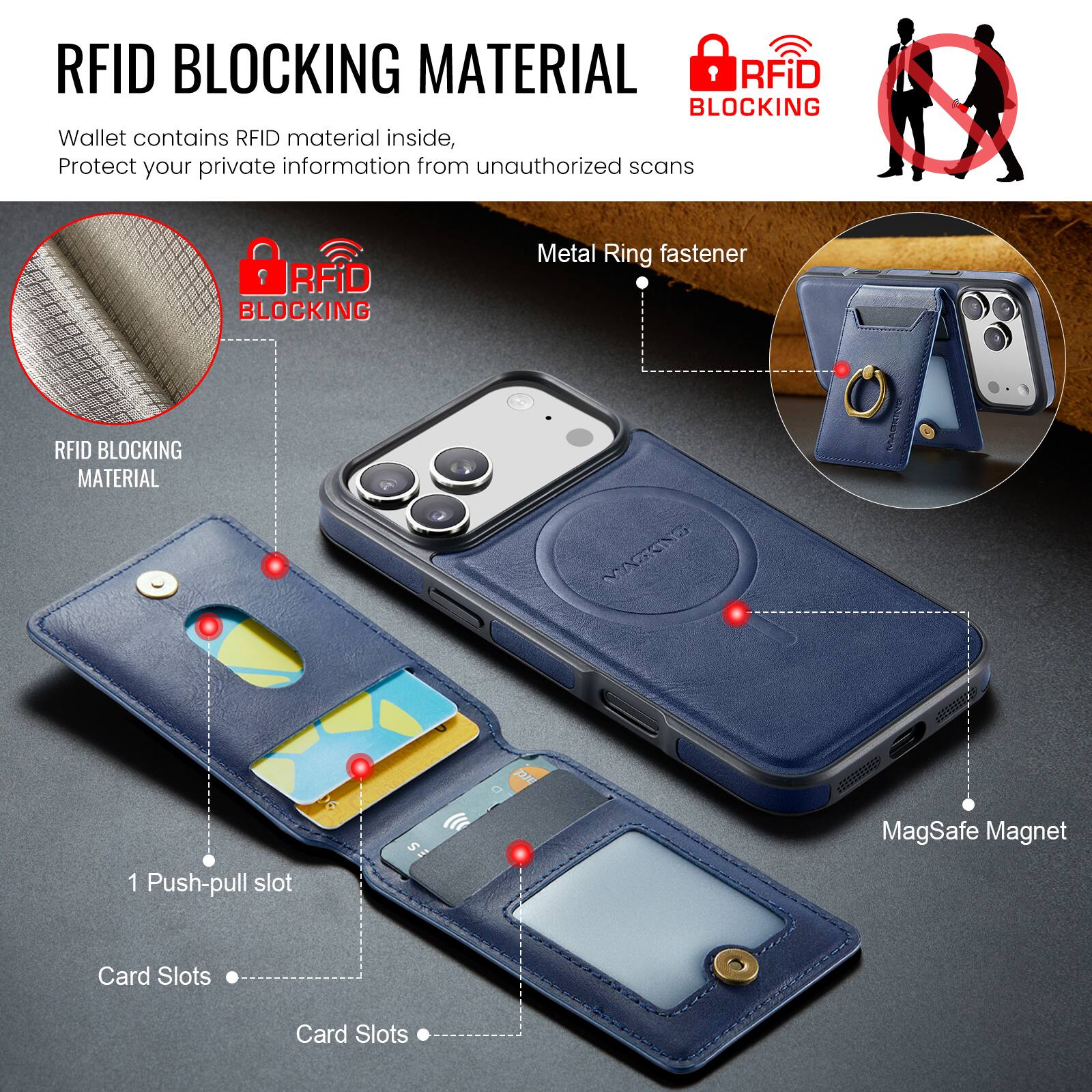 RFID BLOCKING MATERIAL

Wallet contains RFID material inside, Protect your private information from unauthorized scans

RFID BLOCKING MATERIAL

RFID BLOCKING

Metal Ring fastener

1 Push-pull slot

Card Slots

MagSafe Magnet