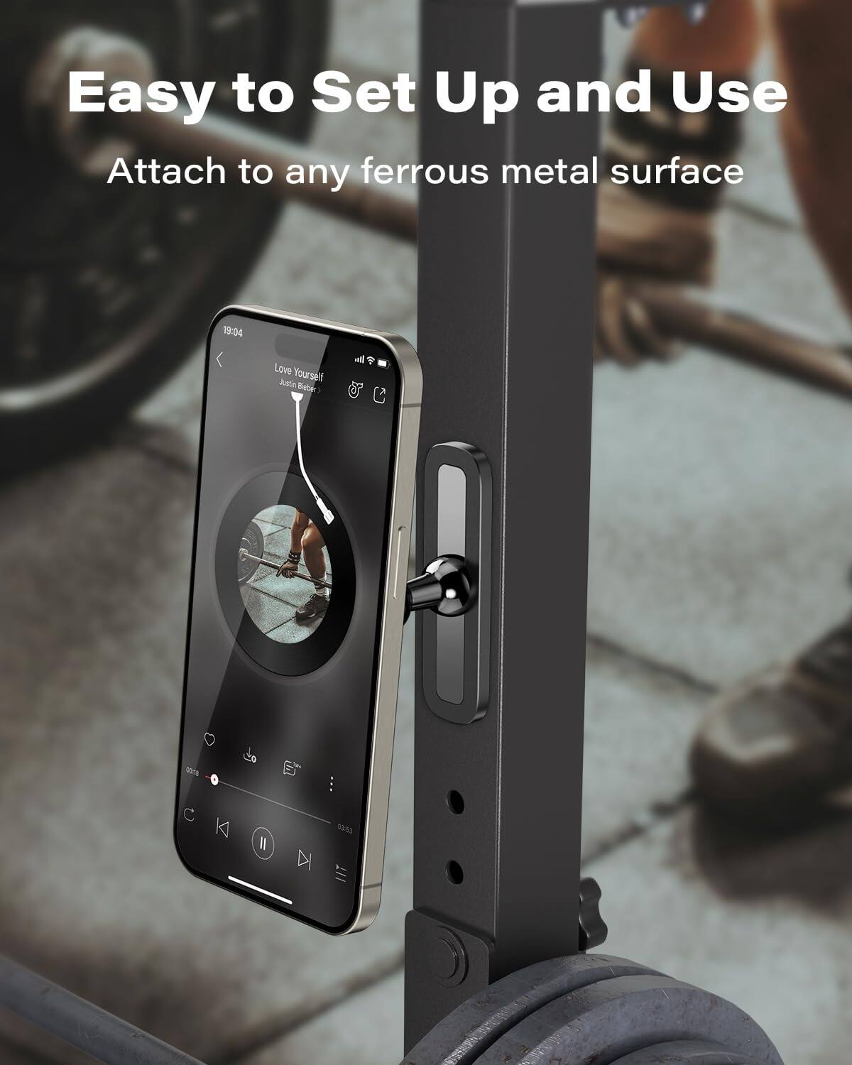 Easy to Set Up and Use  
Attach to any ferrous metal surface  

19:04  
Love Yourself  
Justin Bieber  

10%  
C  
K  
Il  
E  
DI  
: 09
