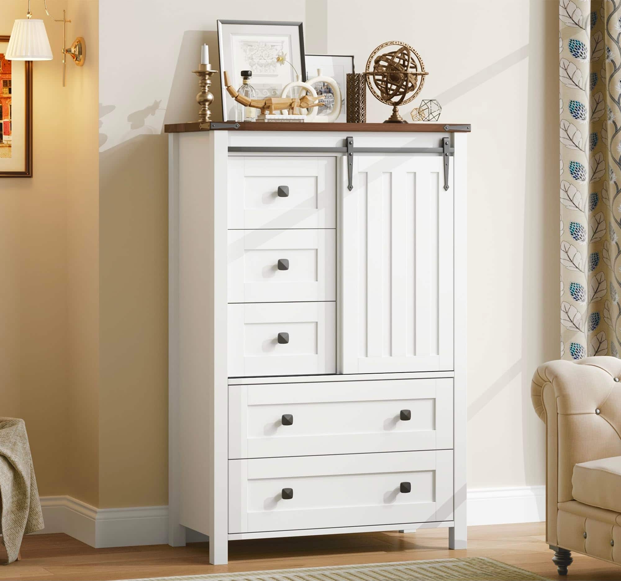 Babevy - Farmhouse 5-Drawer Dresser with Sliding Barn Door, Wood Chest with Adjustable Shelf for Bedroom or Living Room - White