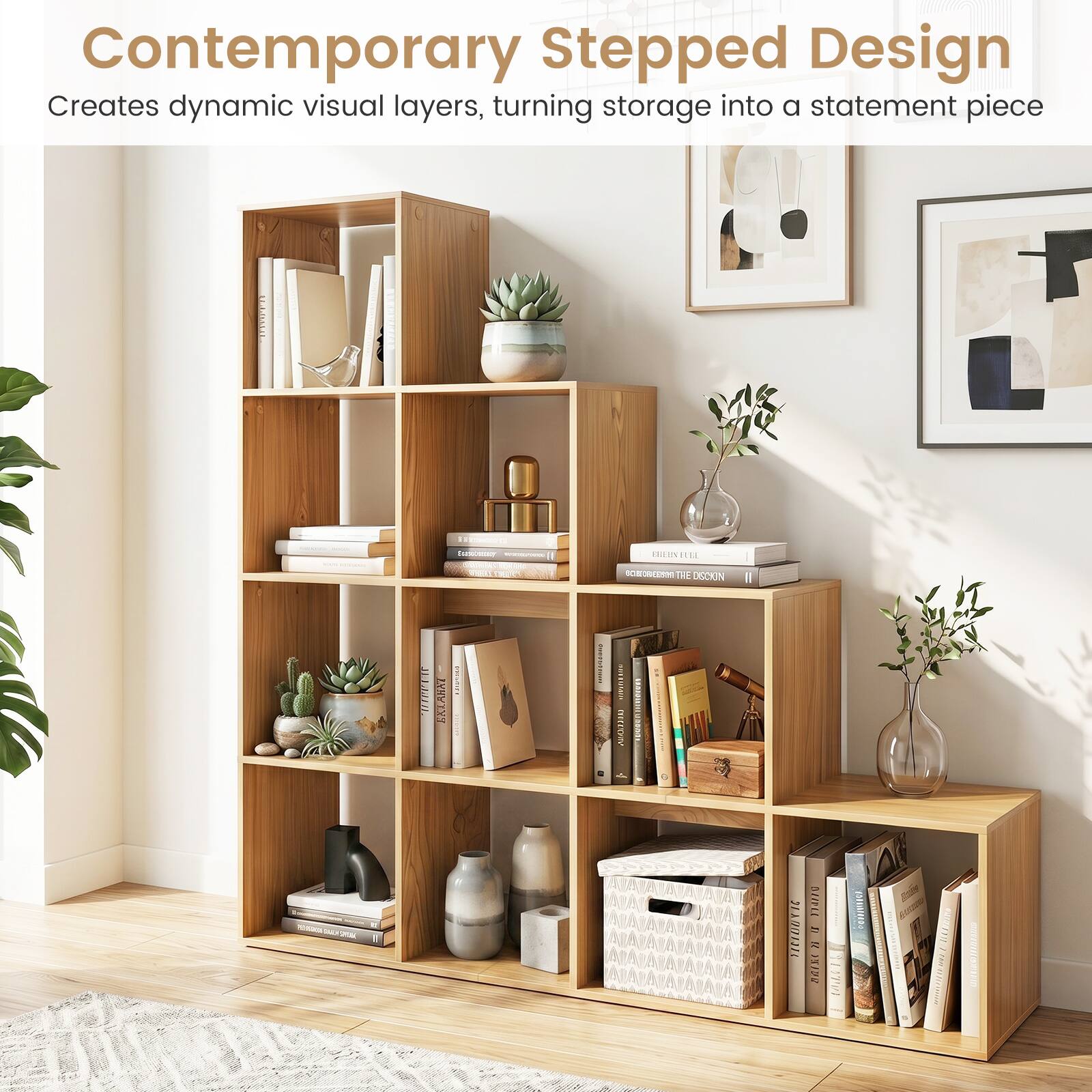 Contemporary Stepped Design  
Creates dynamic visual layers, turning storage into a statement piece