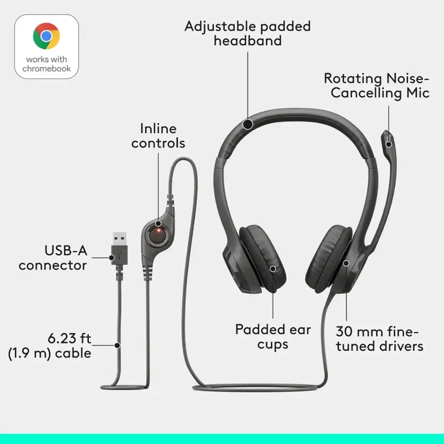 The image shows a pair of headphones with a USB-A connector and inline controls. The headphones have a rotating noise-cancelling mic and a padded headband that is adjustable. The padded ear cups are designed to provide comfort while listening to music or making calls. The headphones have a 1.9-meter cable, which allows for greater freedom of movement. The headphones are designed to work with Chromebooks and offer a 30 mm fine-tuned driver for an enhanced listening experience.