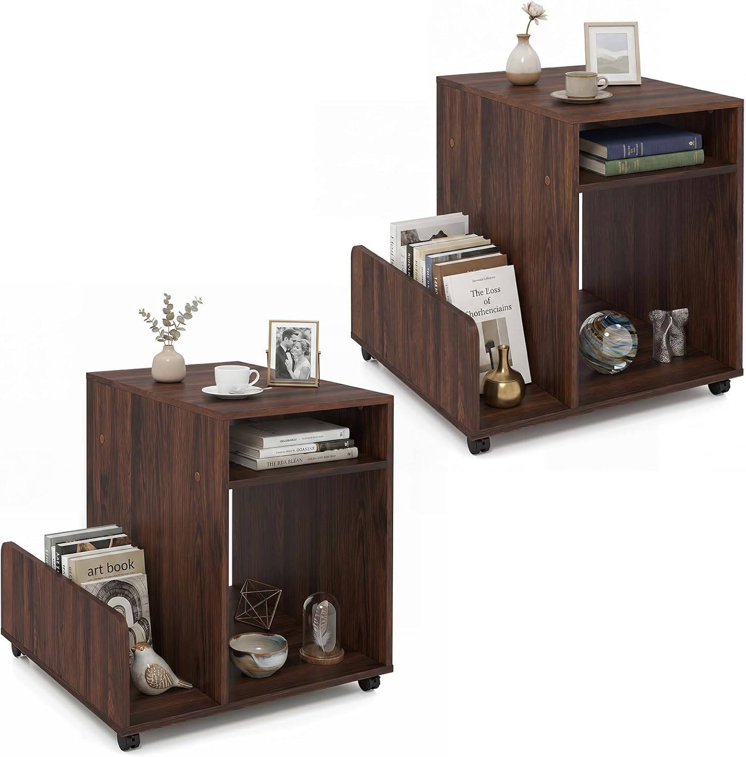 Gymax - 2PCS Rolling End Table w/Side Storage Rack 4 Universal Wheels 2 Lockable Wheels Coffee - Brown price history on PriceWatchPro
