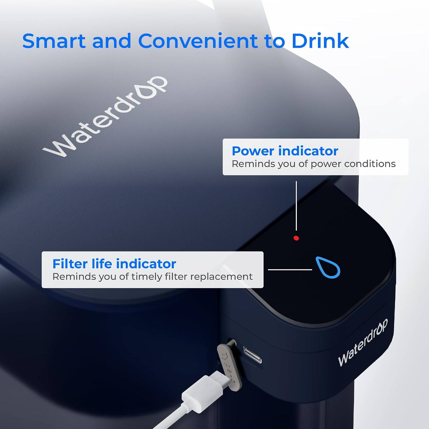 Smart and Convenient to Drink  
Waterdrop  
Power indicator  
Reminds you of power conditions  
Filter life indicator  
Reminds you of timely filter replacement