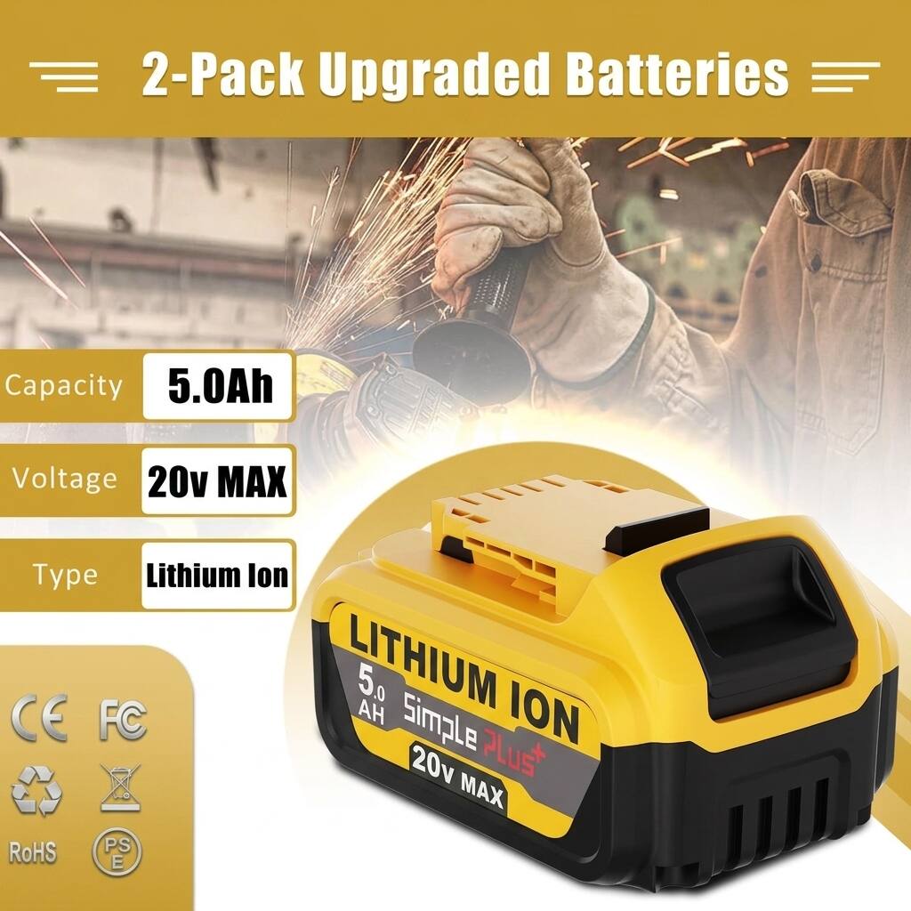 2-Pack Upgraded Batteries

Capacity: 5.0Ah  
Voltage: 20v MAX  
Type: Lithium Ion

CE FC  
RoHS PS E