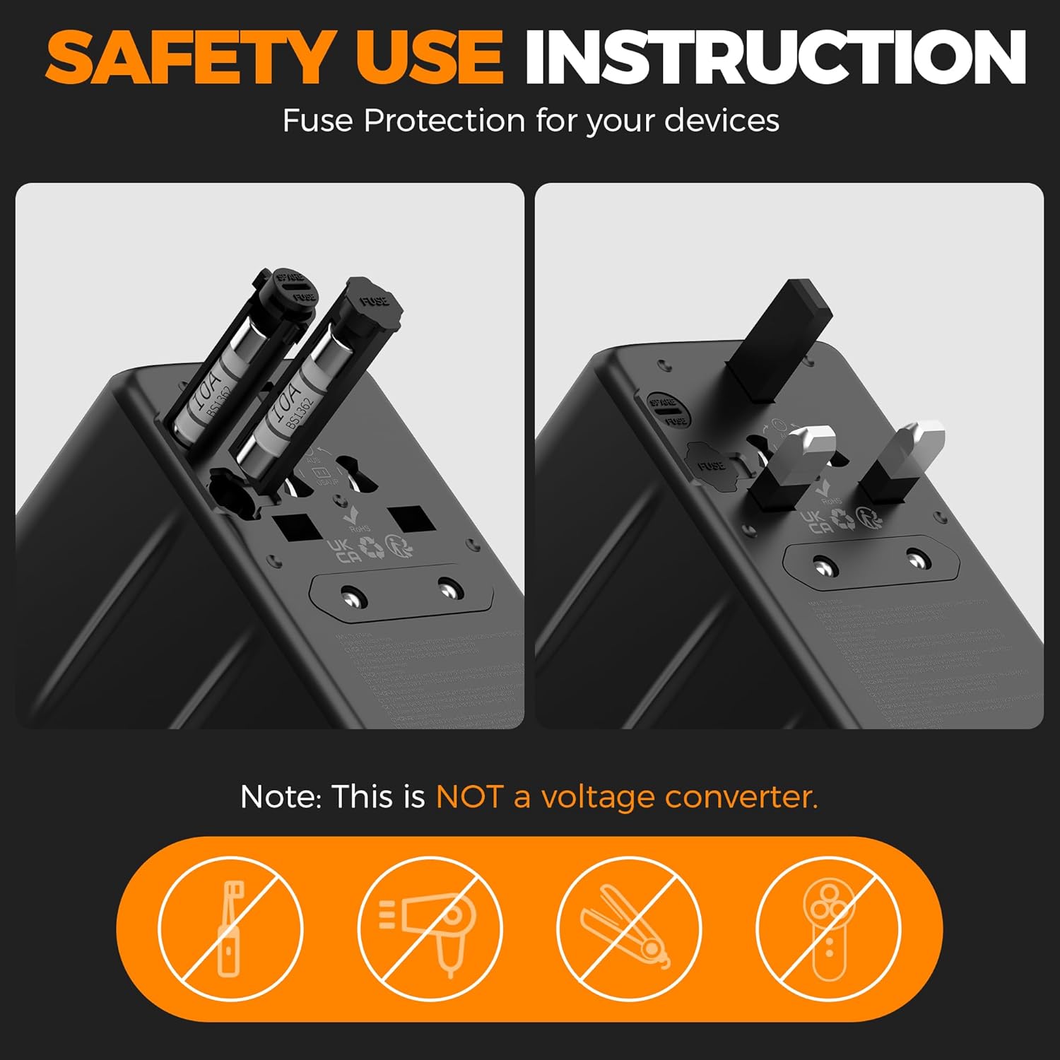 SAFETY USE INSTRUCTION  
Fuse Protection for your devices  

Note: This is NOT a voltage converter.