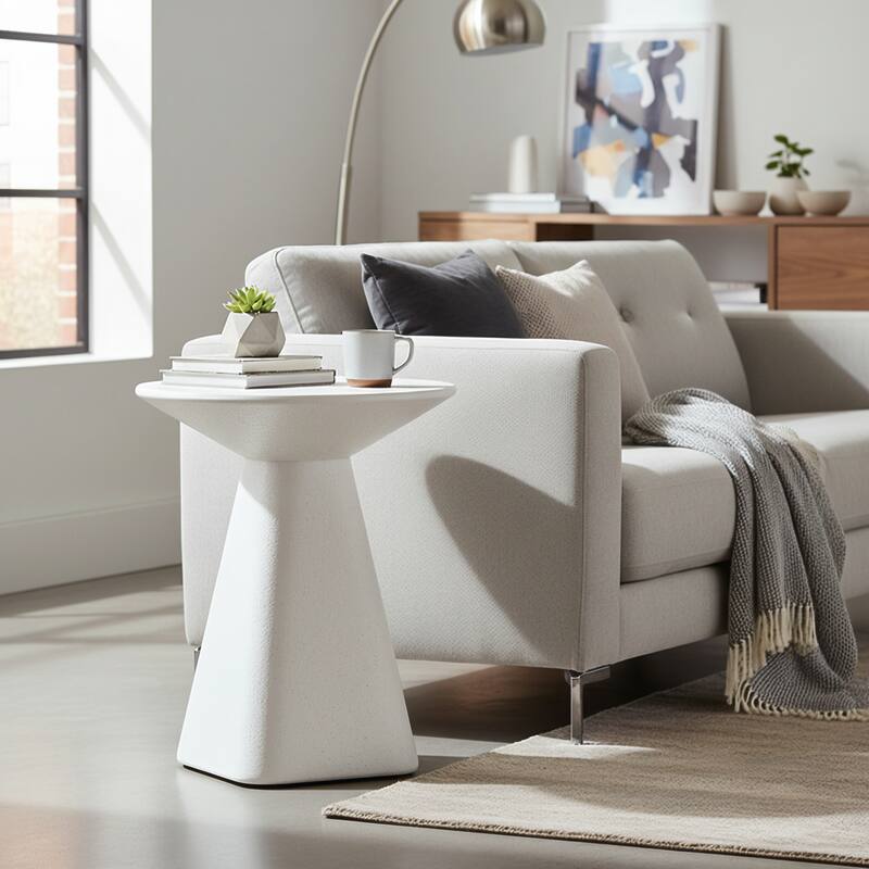 Left. LeisureMod - Elsie 18" Fiberstone Side Table, Powder-Coated Round Modern Indoor/Outdoor Table - White.