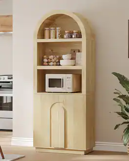 Bestier - 76 Inch Arched Bookshelf Tall Bookcase with Storage Cabinet Doors Open Shelves for Home Office - Natual Oak