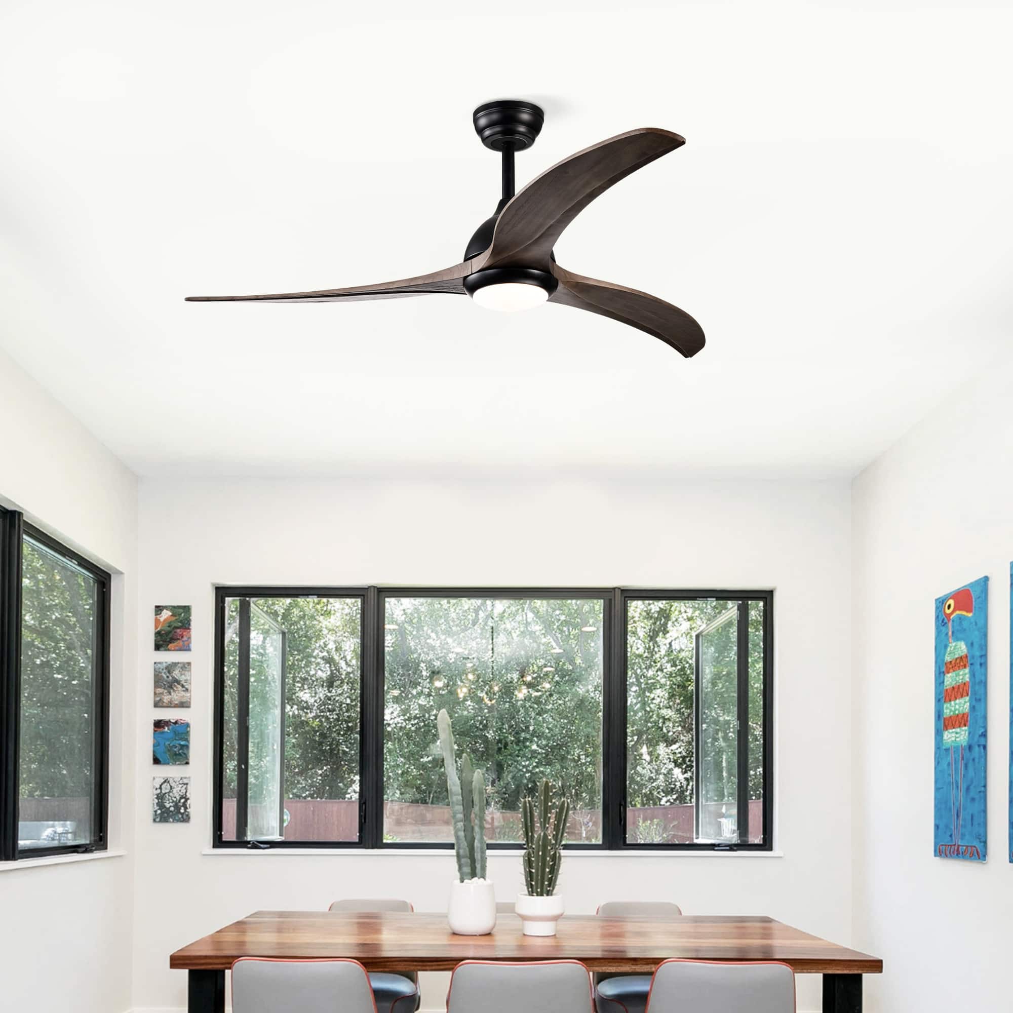 Akoasm - 52" Solid Wood Indoor Outdoor Ceiling Fan with Light & Remote, Noiseless DC Motor, 3 Color Temperatures-Matte Black