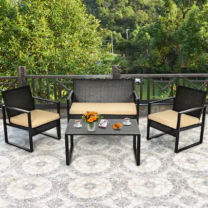 Front. Gymax - Gymax 4PCS Outdoor Wicker Rattan Furniture Set Patio Conversation Set w/ Cushions - Beige.