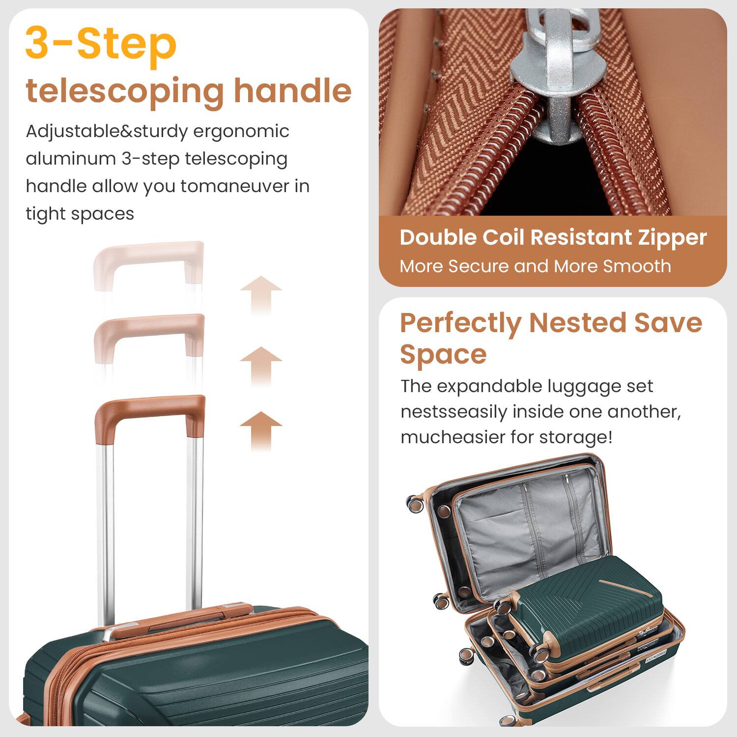 3-Step telescoping handle  
Adjustable & sturdy ergonomic aluminum 3-step telescoping handle allows you to maneuver in tight spaces  

Double Coil Resistant Zipper  
More Secure and More Smooth  

Perfectly Nested Save Space  
The expandable luggage set nests easily inside one another, much easier for storage!