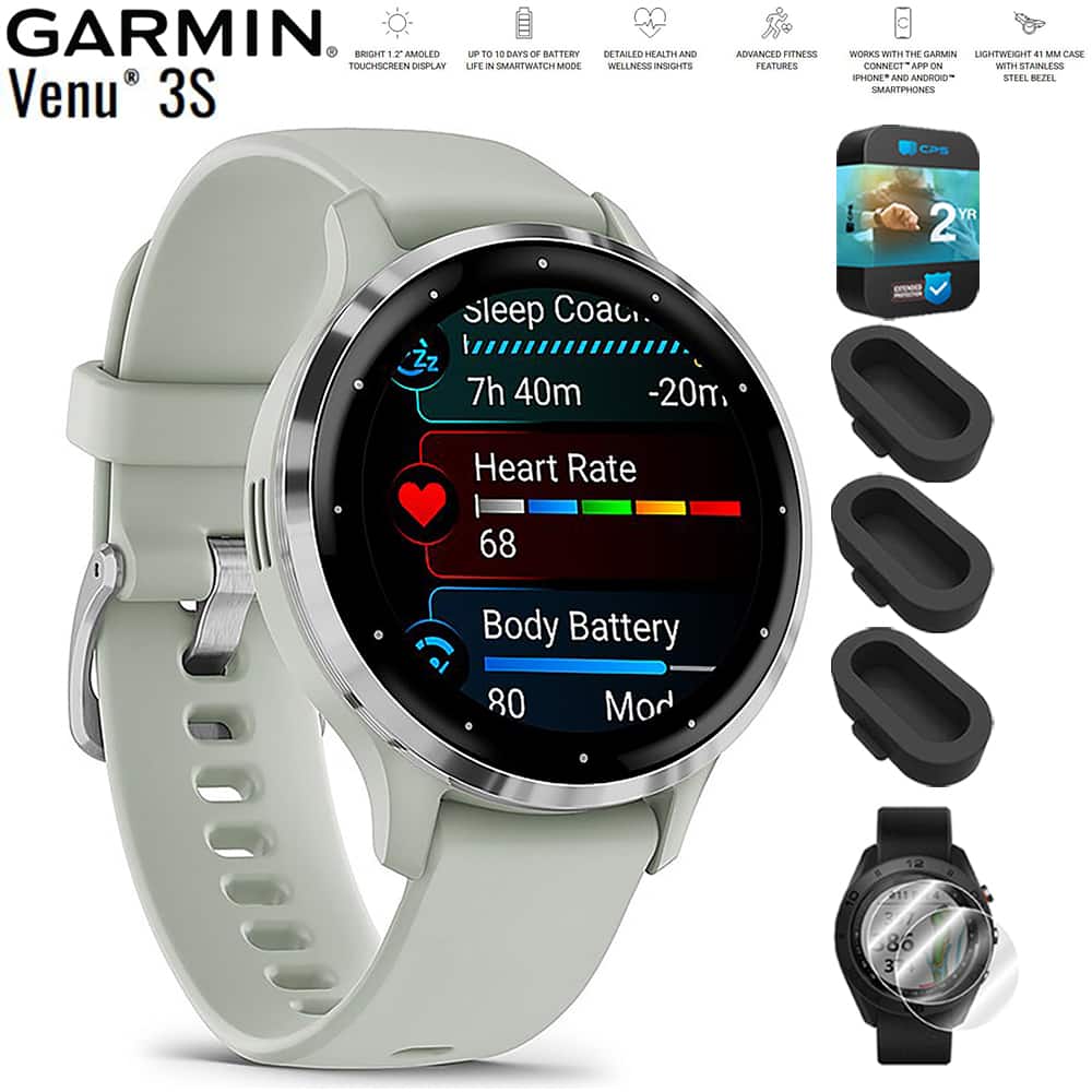 Garmin - Venu 3S GPS Smartwatch Steel with Gray Case 41mm + 2 Year Warranty Bundle - Stainless Steel and Sage Gray - (2023)