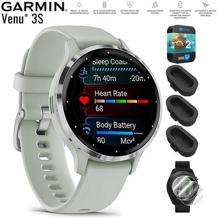 GARMIN
Venu 3S
- BRIGHT 1.2" AMOLED TOUCHSCREEN DISPLAY
- UP TO 10 DAYS OF BATTERY LIFE IN SMARTWATCH MODE
- DETAILED HEALTH AND WELLNESS INSIGHTS
- ADVANCED FITNESS FEATURES
- WORKS WITH THE GARMIN LIGHTWEIGHT 4 MM CASE CONNECTED WITH IPHONE AND ANDROID SMARTPHONES
- LIGHTWEIGHT 4 MM CASE WITH STAINLESS STEEL BEZEL
- Sleep Coach
- 7h 40m
- -20m
- Heart Rate
- 68
- Body Battery
- 80
- Mo~