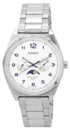 Casio - Standard Analog Moon Phase White Dial Quartz Men's Watch MTP-M300D-7A 50M - Silver, White