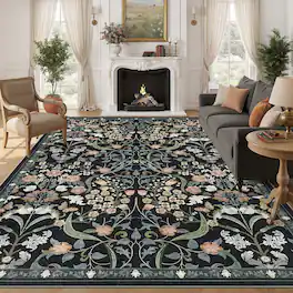 Yardgrace - 8'x10' ft Floral Bohemian Area Rug, Vintage Washable Printed Boho Carpet for Living Room Bedroom - Black