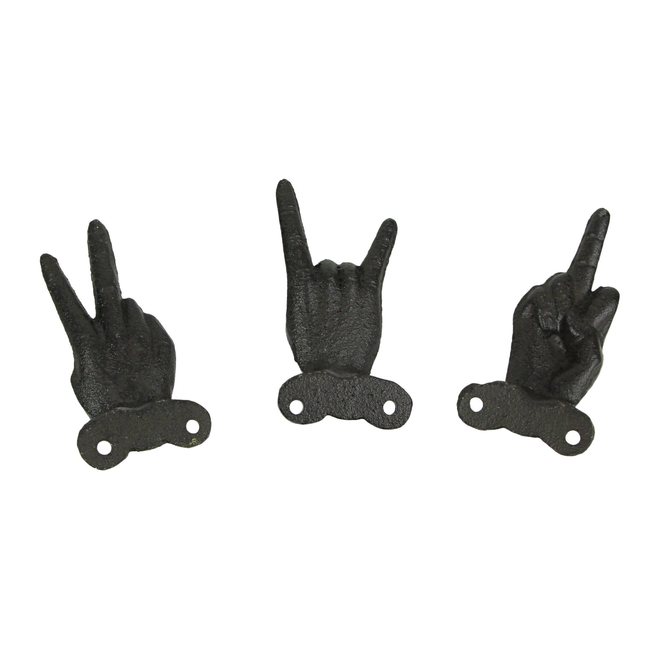 Alt View 2. Zeckos - Set of 3 Cast Iron Hand Gesture Decorative Wall Hooks Key Towel Hanger Decor - Brown.