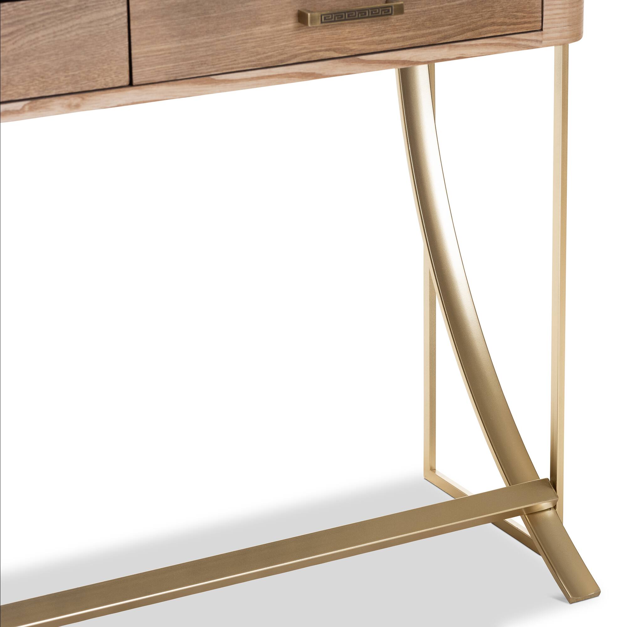 Alt View 2. Baxton Studio - Lafoy Modern and Contemporary Finished Wood and Finished 2-Drawer Console Table - Natural Brown/Gold.
