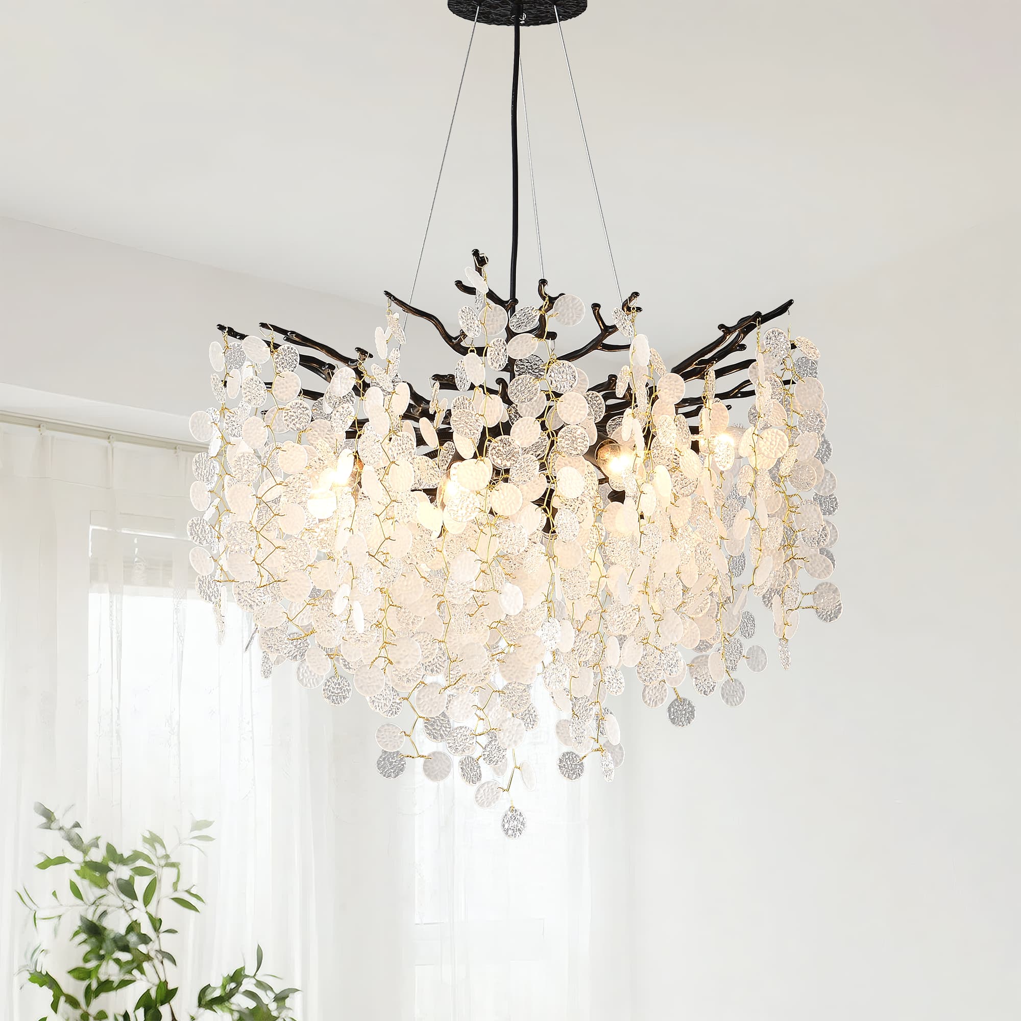 Front. RYHNUYNE - Modern Black Tree Branch Chandelier with Snowflake Accents 8-Light Adjustable Pendant Light for Dining Room.