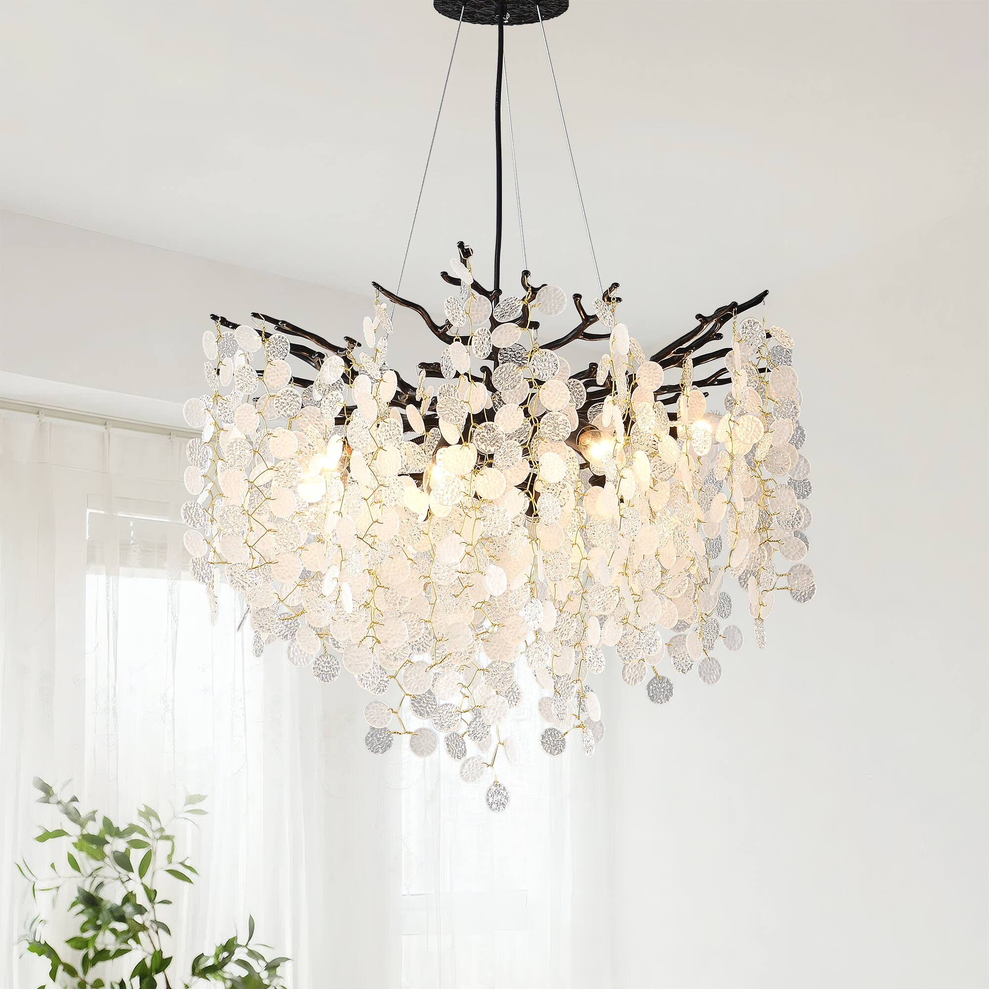 Front. RYHNUYNE - Modern Black Tree Branch Chandelier with Snowflake Accents 8-Light Adjustable Pendant Light for Dining Room.