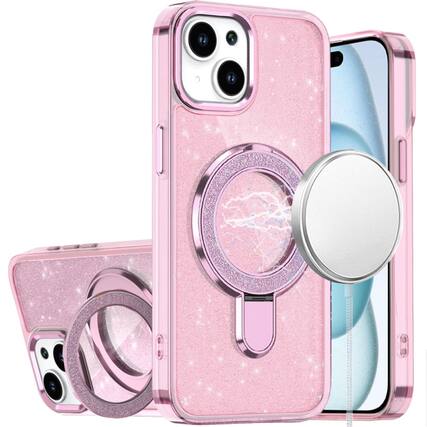 Front. Kitcheniva - Sparkling Glitter Magnetic Circle Cover With 2 Tempered Glass For iPhone 15 Plus Light Pink - Light Pink.