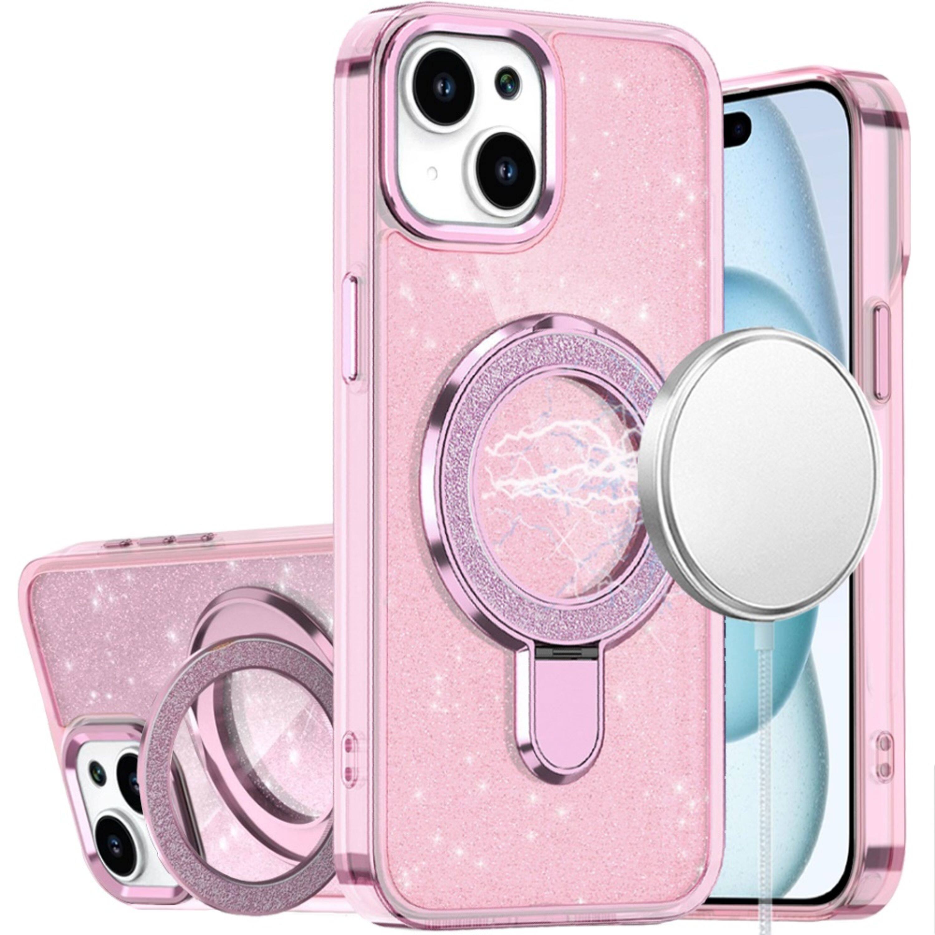 Front. Kitcheniva - Sparkling Glitter Magnetic Circle Cover With 2 Tempered Glass For iPhone 15 Plus Light Pink - Light Pink.
