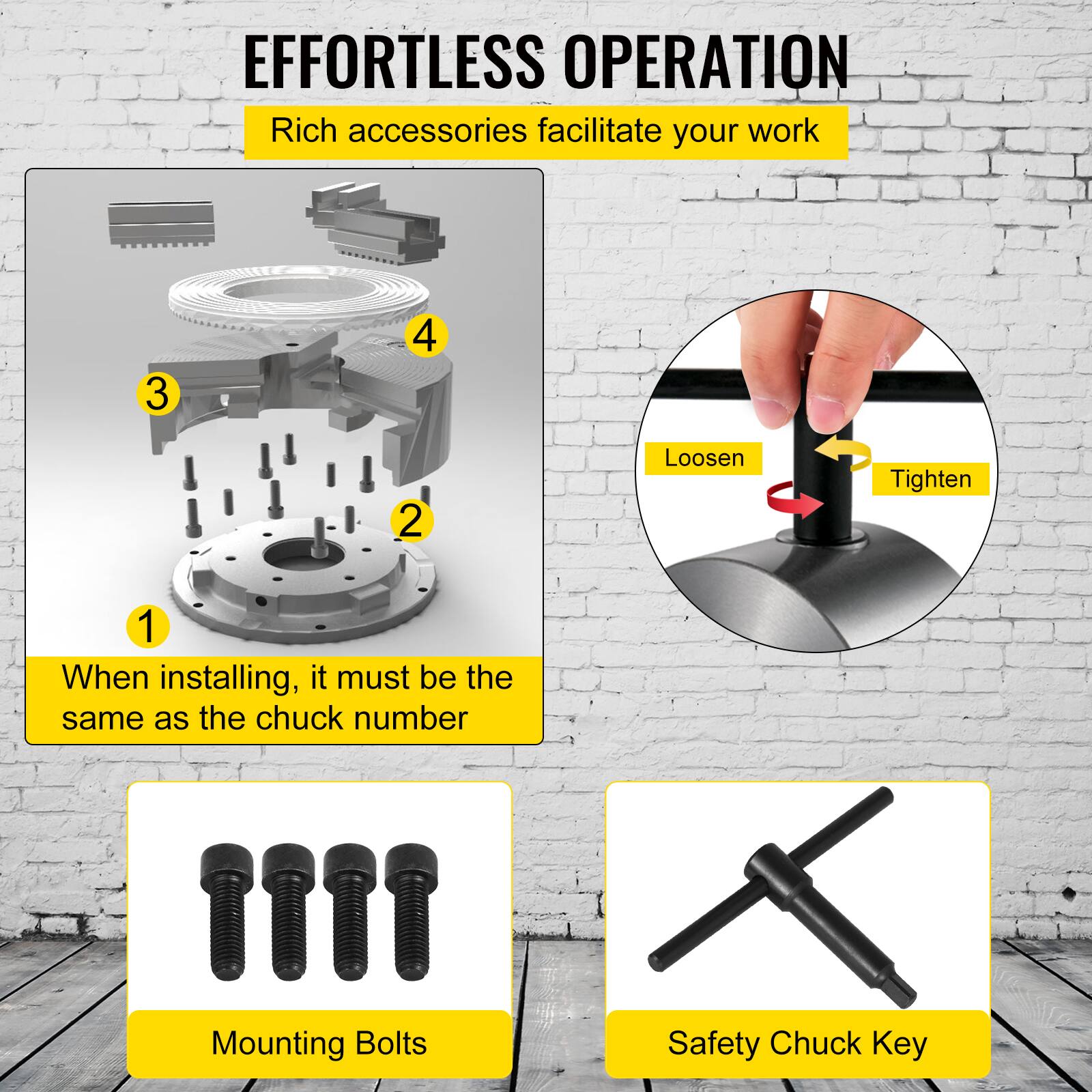 EFFORTLESS OPERATION  
Rich accessories facilitate your work  

1. When installing, it must be the same as the chuck number  
2. Loosen  
3. Tighten  
4. Mounting Bolts  
5. Safety Chuck Key