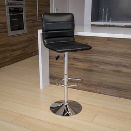 Emma + Oliver - Coti Modern Channel Tufted Upholstered Height Adjustable Mid-Back Stool and Pedestal Base with Footrest - Black Vinyl/Chrome Frame