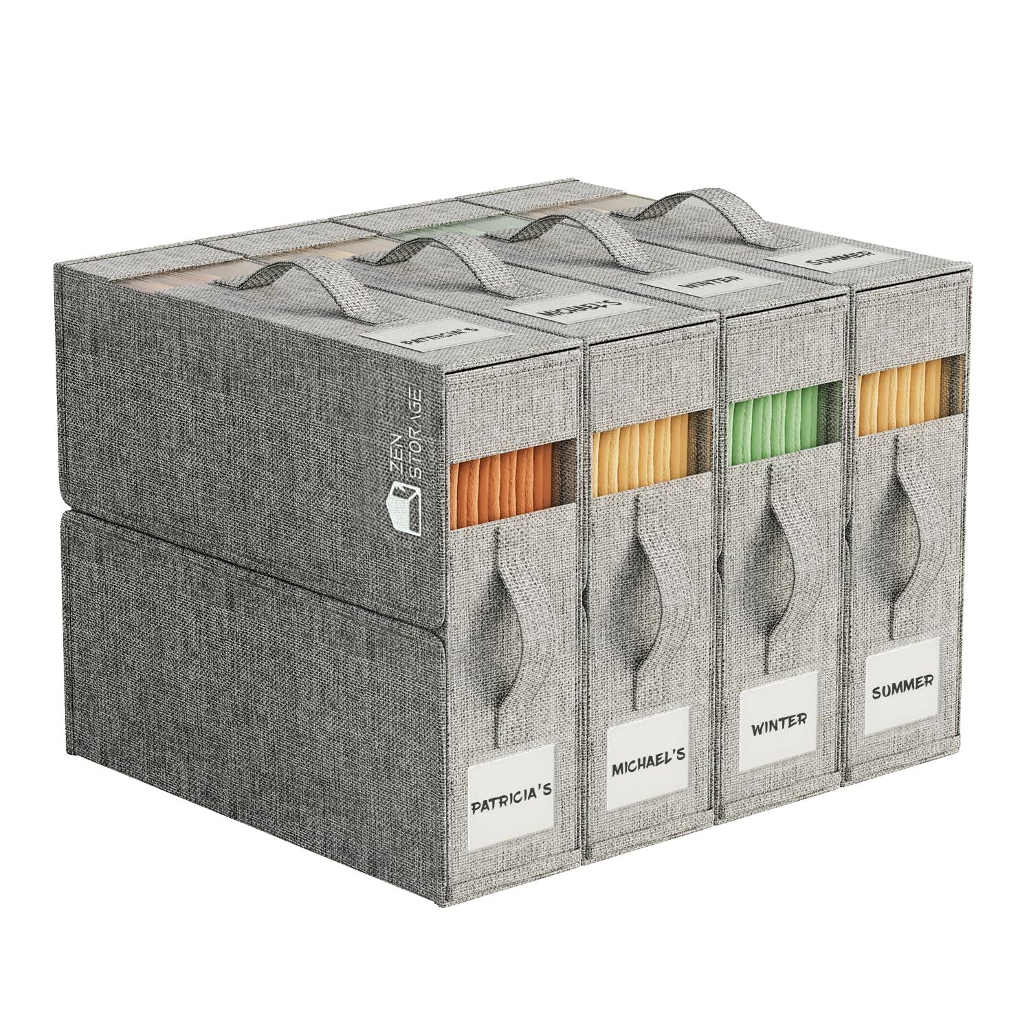 Dazzling Pops - 4Pack Sheet Organizers for Linen Closet - King Queen Size Bedding Storage Boxes with Clear Window, Foldable - Grey 4 Pack