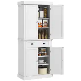 Homcom - 72.5" Kitchen Pantry Cabinet, Traditional Freestanding Storage Cabinet with 4 Doors, Drawer and 3 Adjustable Shelves - White Wood Grain
