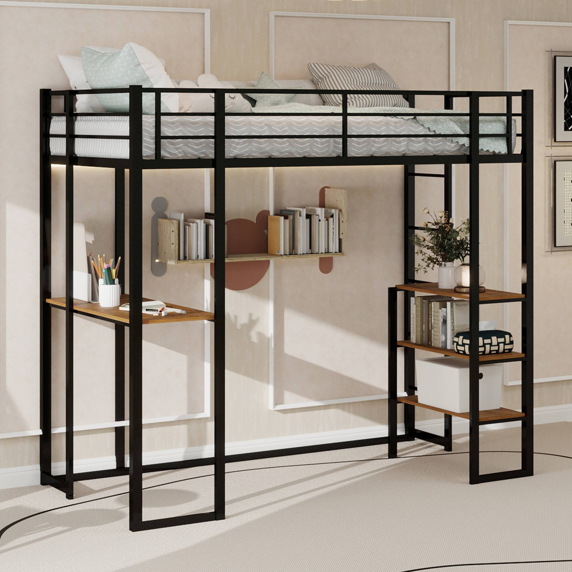 Back. GOODSILO - Space-Saving Iron Frame Bunk Bed with Integrated L-Shaped Desk and Dual-Side Accessible Staircase for Children and Teens - Black.