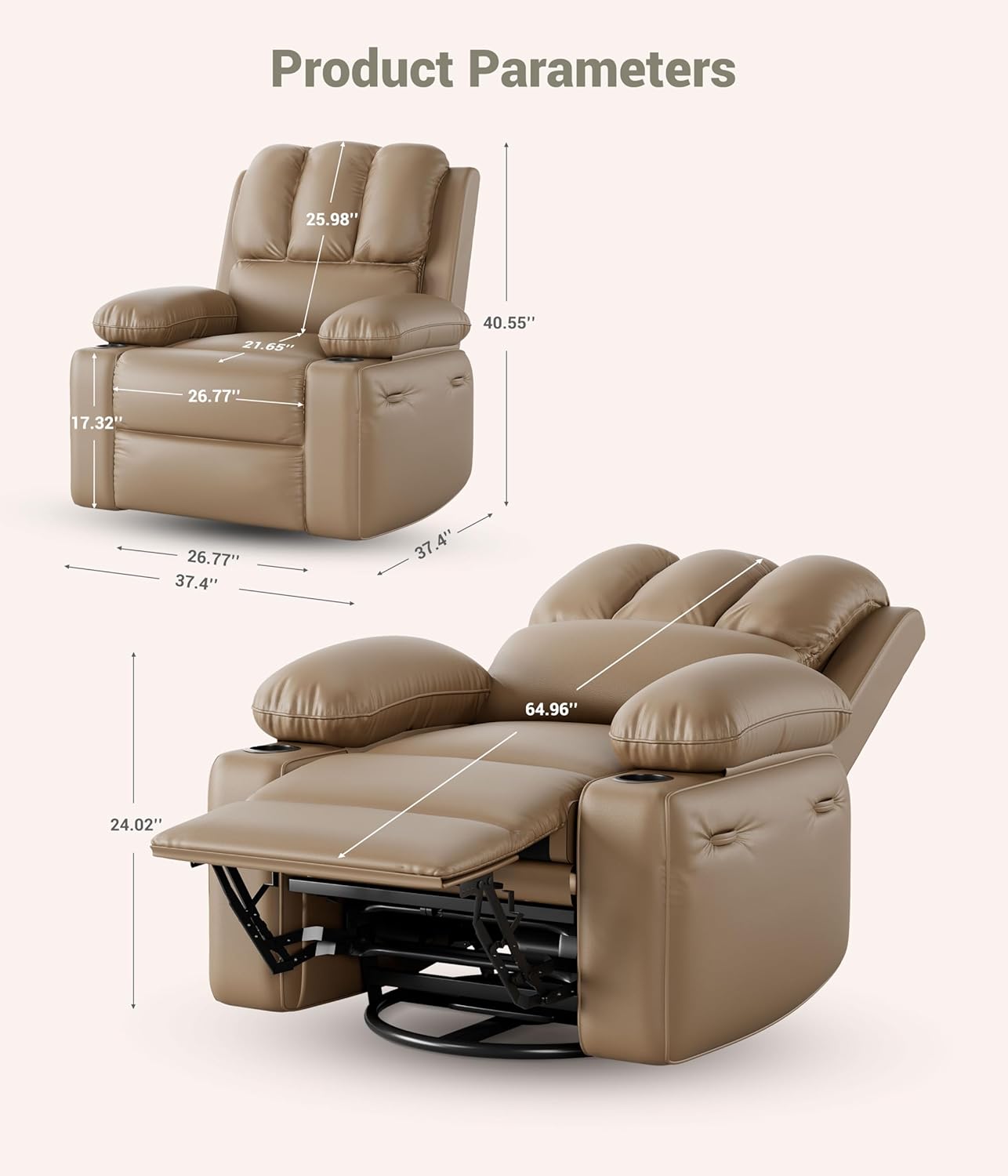 Product Parameters

- Height: 25.98"
- Width: 40.55"
- Depth: 21.68"
- Seat Height: 17.32"
- Seat Width: 26.77"
- Seat Depth: 37.4"
- Armrest Height: 26.77"
- Armrest Width: 37.4"
- Overall Length: 64.96"
- Footrest Height: 24.02"