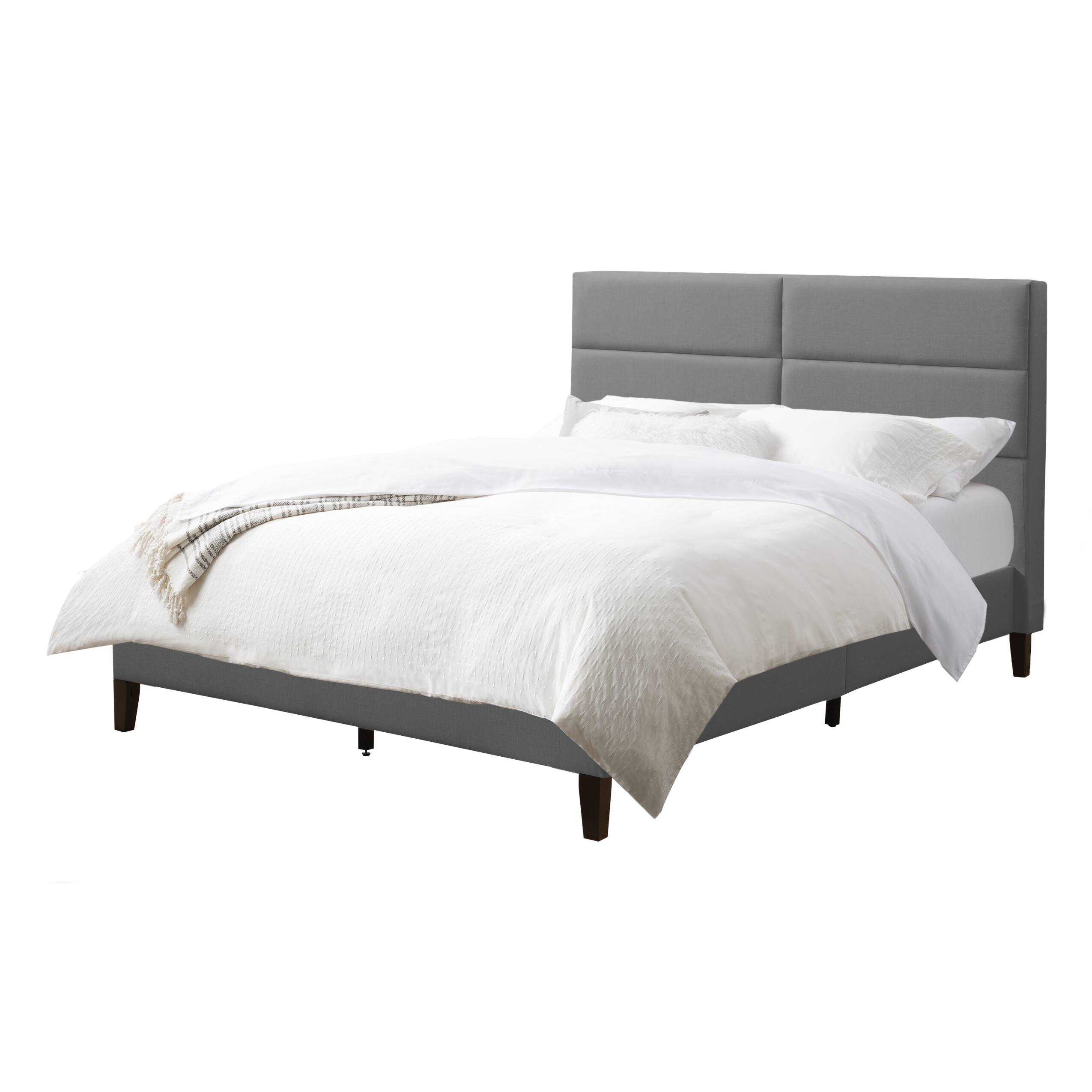 Angle. CorLiving - CorLiving Emerson Light Grey Upholstered King Platform Bed Frame with Rectangle Tufted Headboard and Slats - Light Grey.