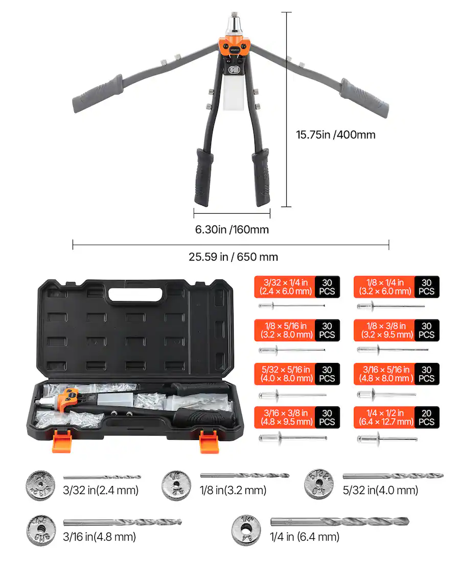 VEVOR Pop Rivet Gun Kit, with 230 Blind Rivets, Two Handed Riveter with ...