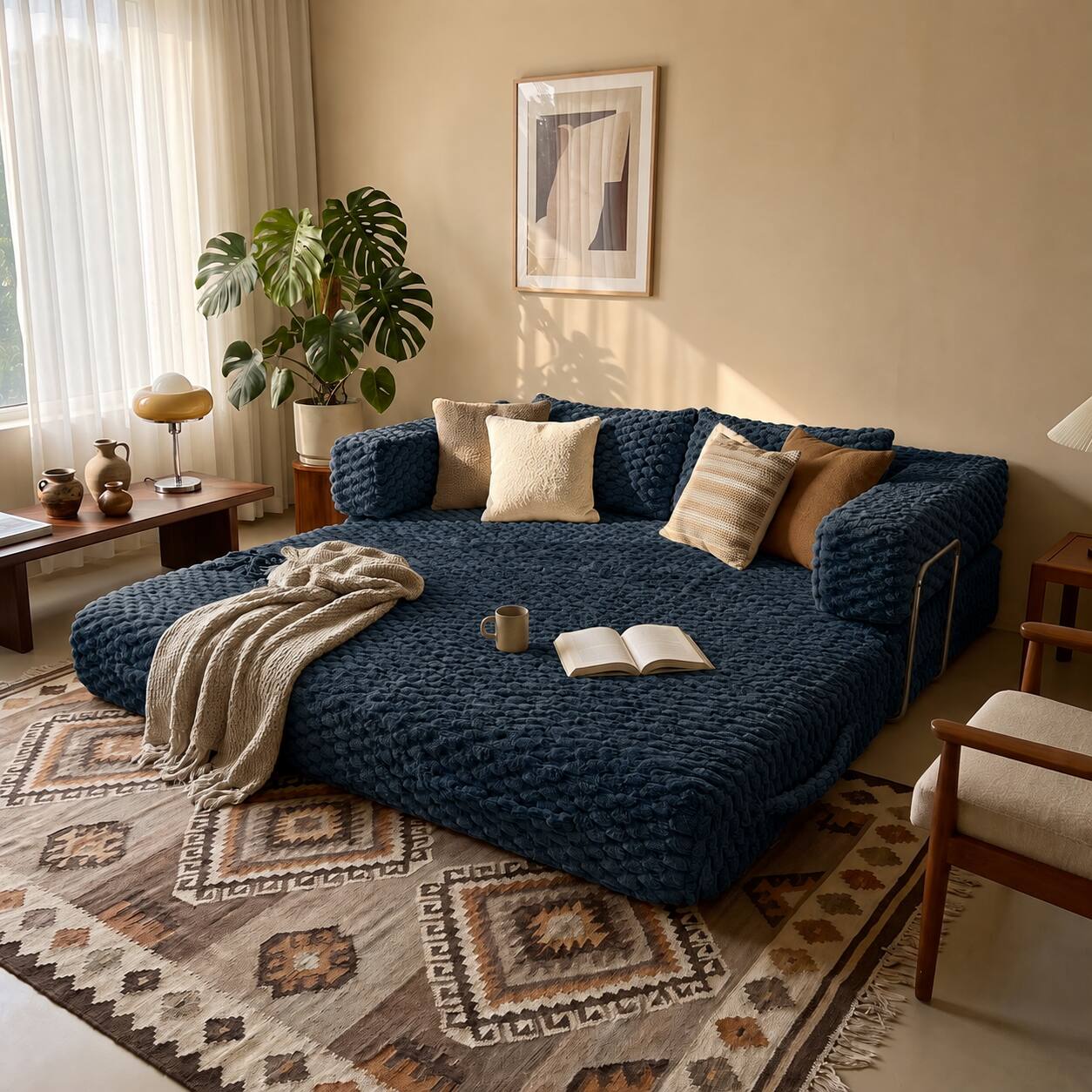 Back. Famapy - Convertible Folding Sofa Bed Couch 2-in-1 Loveseat with Plush Fabric Detachable Metal Support Brackets for Living Room - Navy Blue.