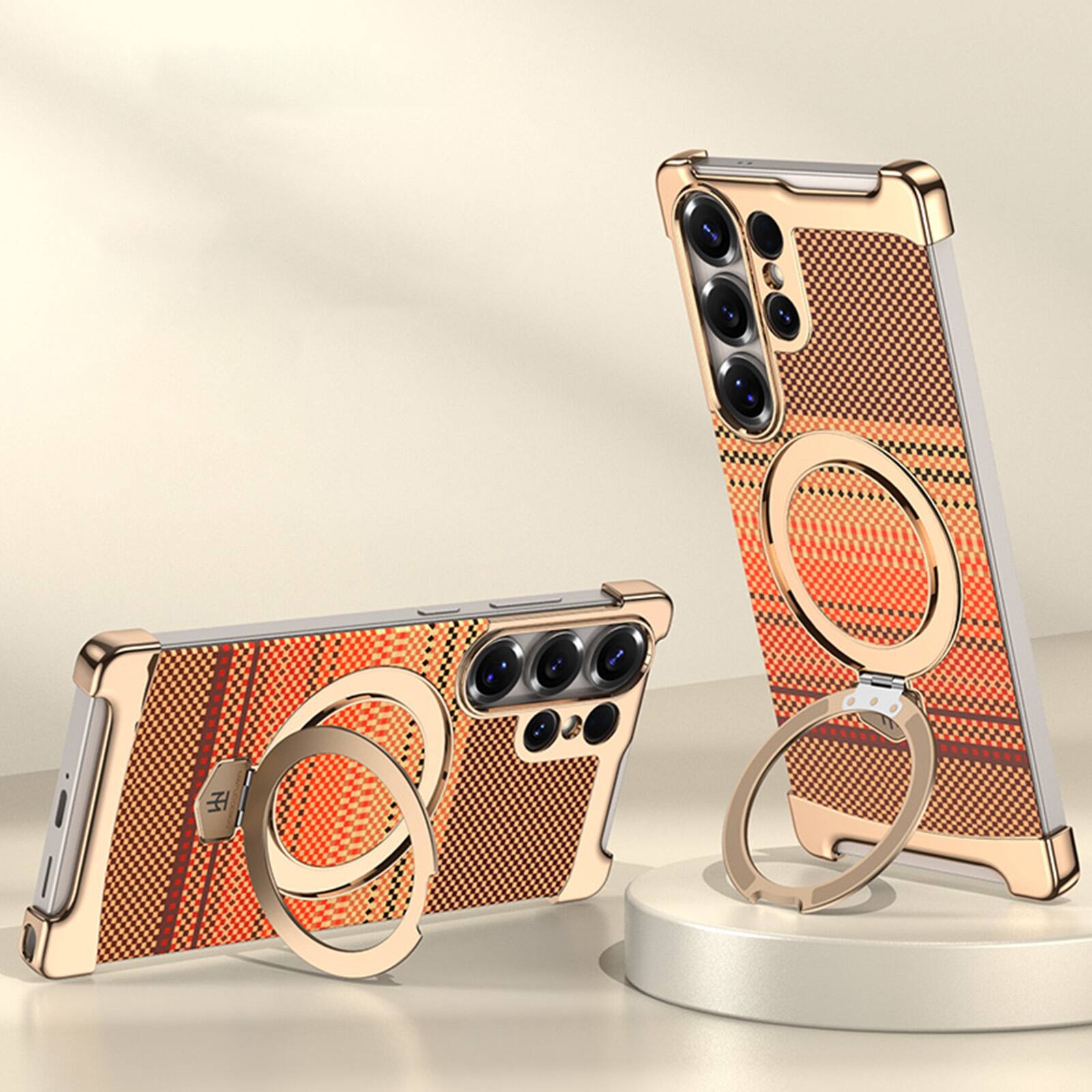 Alt View 2. Dteck - Ultra Slim Frameless Magnetic Case for Samsung Galaxy S24 Ultra with Aluminum Ring Stand, Metal Shockproof Hard PC Cover - Orange.