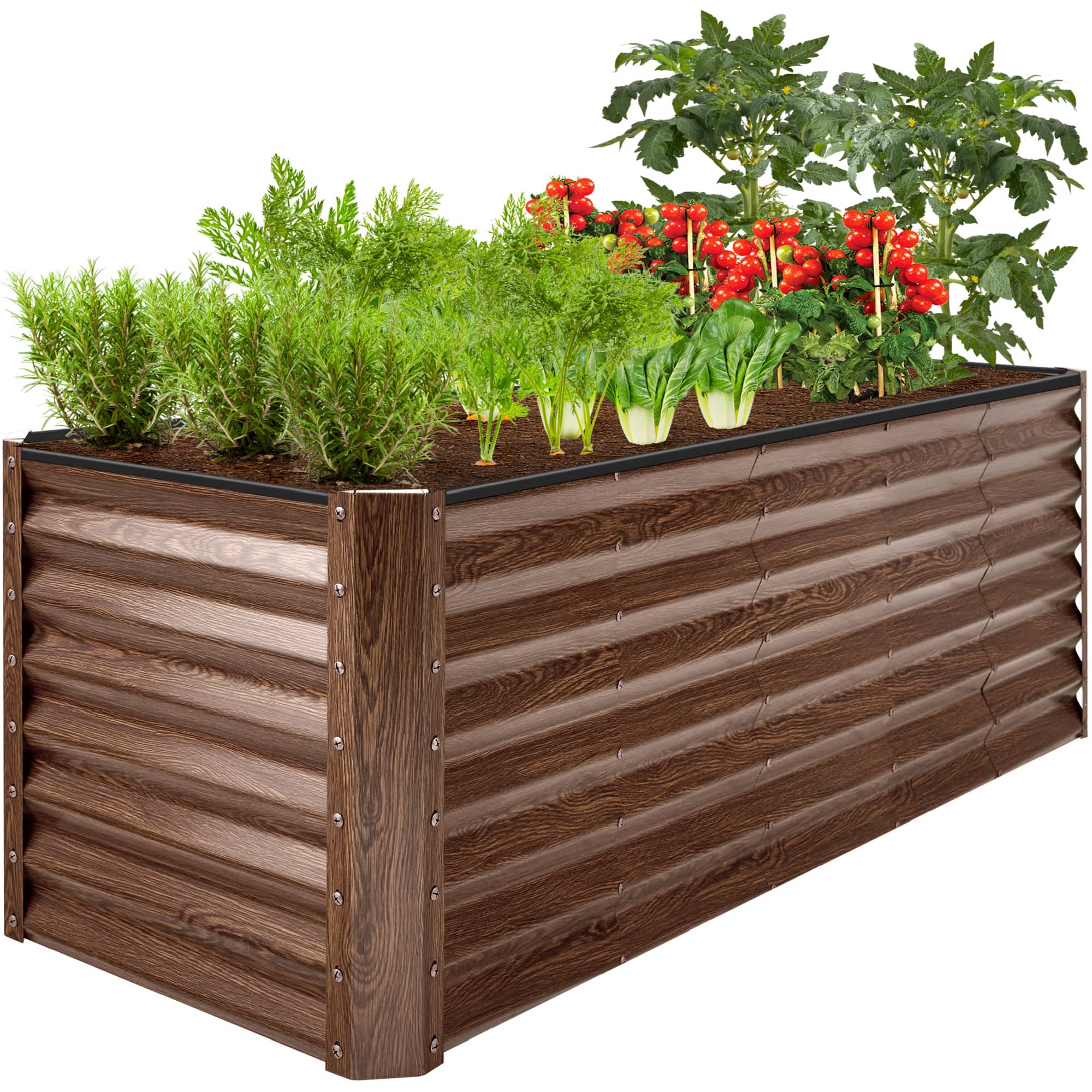 Best Choice Products - 8x2x2ft Raised Metal Outdoor Garden Bed for Flowers Vegetables Herbs - Wood Grain - Dark Brown