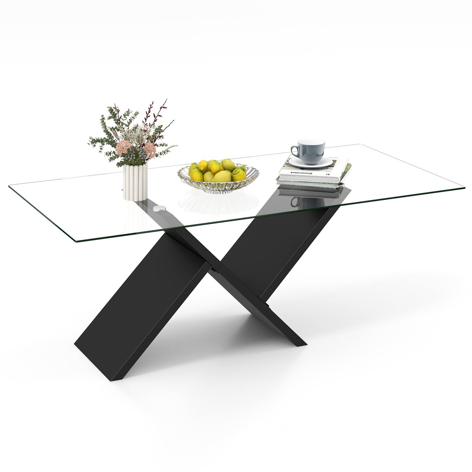Front. Ecooso - 47 Inch Glass Coffee Table with Tempered Tabletop, Modern Rectangular Center Table - Black.