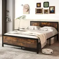 Costway Queen Size Metal Bed Frame with Headboard & Footboard Metal Slats Support - Brown - Front_Zoom