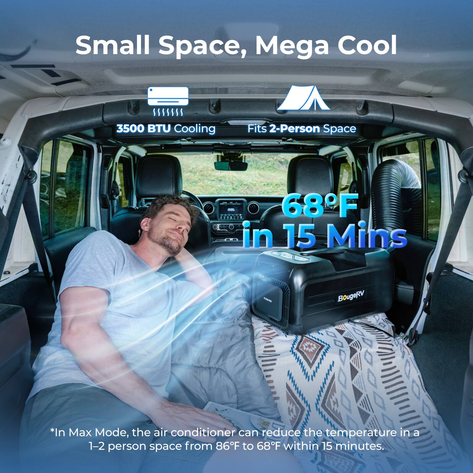 Small Space, Mega Cool

3500 BTU Cooling
Fits 2-Person Space

68°F in 15 Mins

*In Max Mode, the air conditioner can reduce the temperature in a 1-2 person space from 86°F to 68°F within 15 minutes.