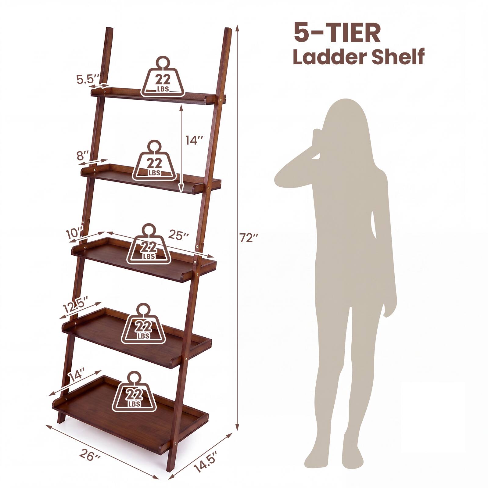 5.5"  
22 LBS  
5-TIER Ladder Shelf  
8"  
22 LBS  
10"  
25" 245 LBS  
72"  
12.5"  
22 LBS  
14"  
22 LBS  
26"  
14.5"