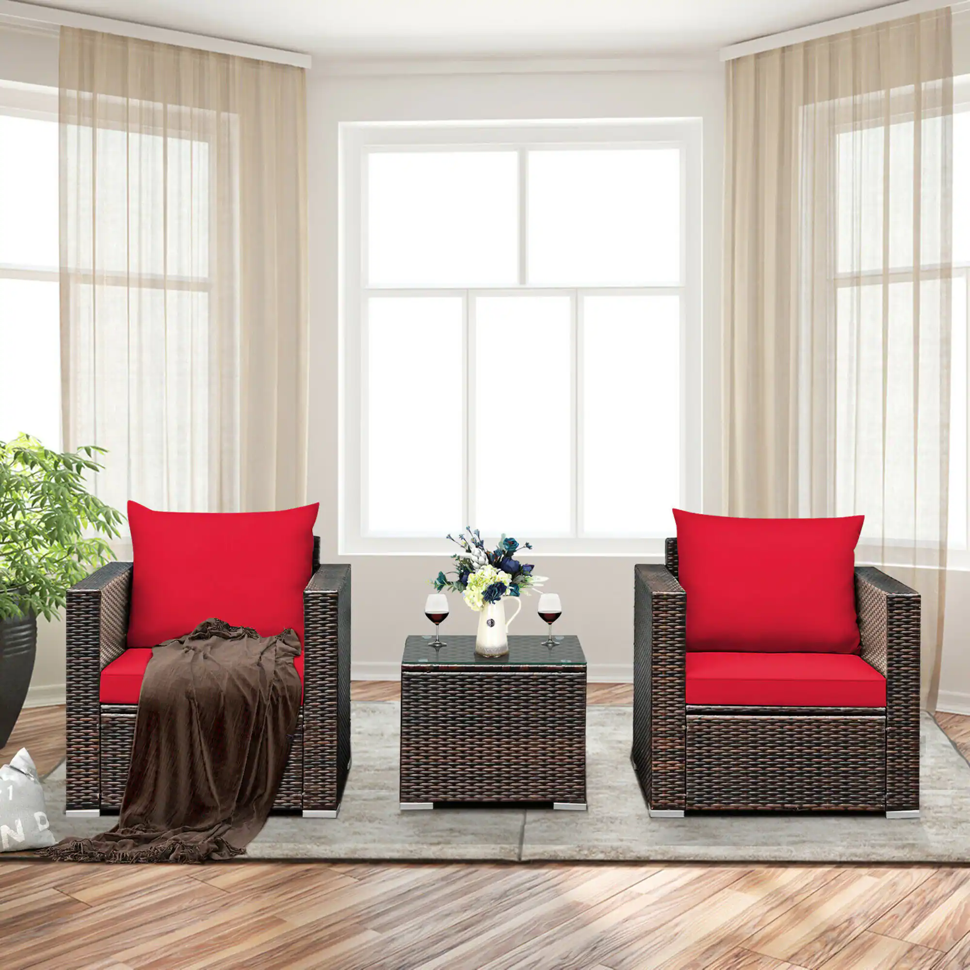 Alt View 2. Gymax - Gymax 3PCS Rattan Patio Outdoor Conversation Furniture Set w/ Red Cushions - Red.