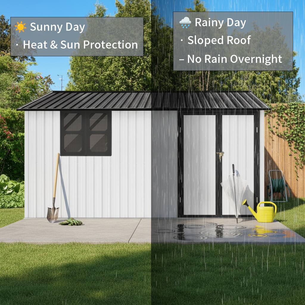 Sunny Day  
- Heat & Sun Protection

Rainy Day  
- Sloped Roof  
- No Rain Overnight