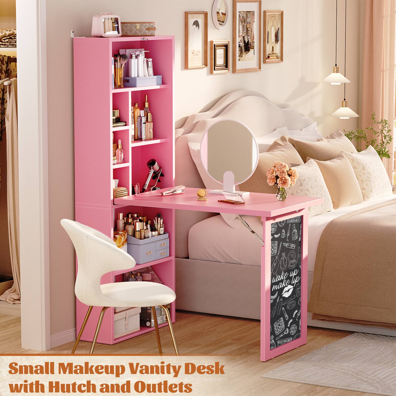 Small Makeup Vanity Desk with Hutch and Outlets