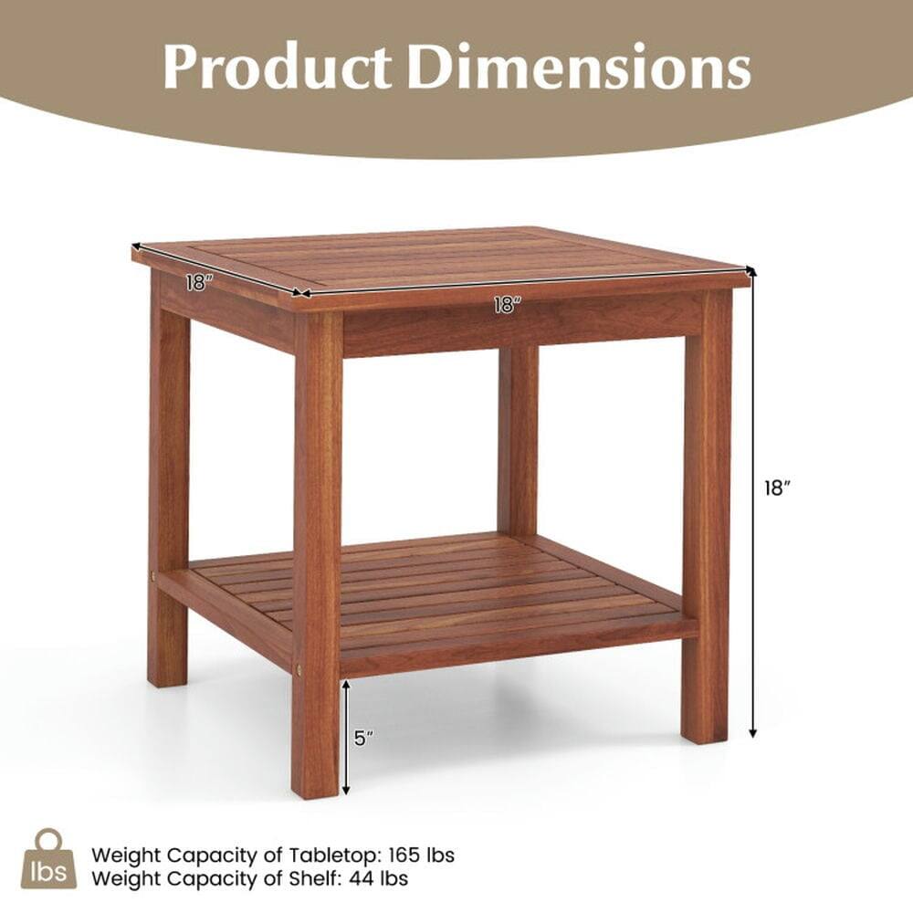 Product Dimensions: 18" x 18" x 18" x 5"

Weight Capacity of Tabletop: 165 lbs

Weight Capacity of Shelf: 44 lbs