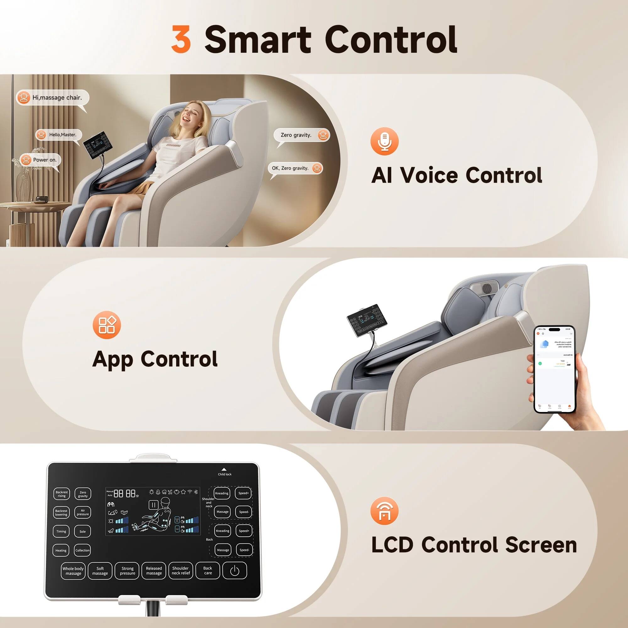 3 Smart Control

- AI Voice Control
- App Control
- LCD Control Screen