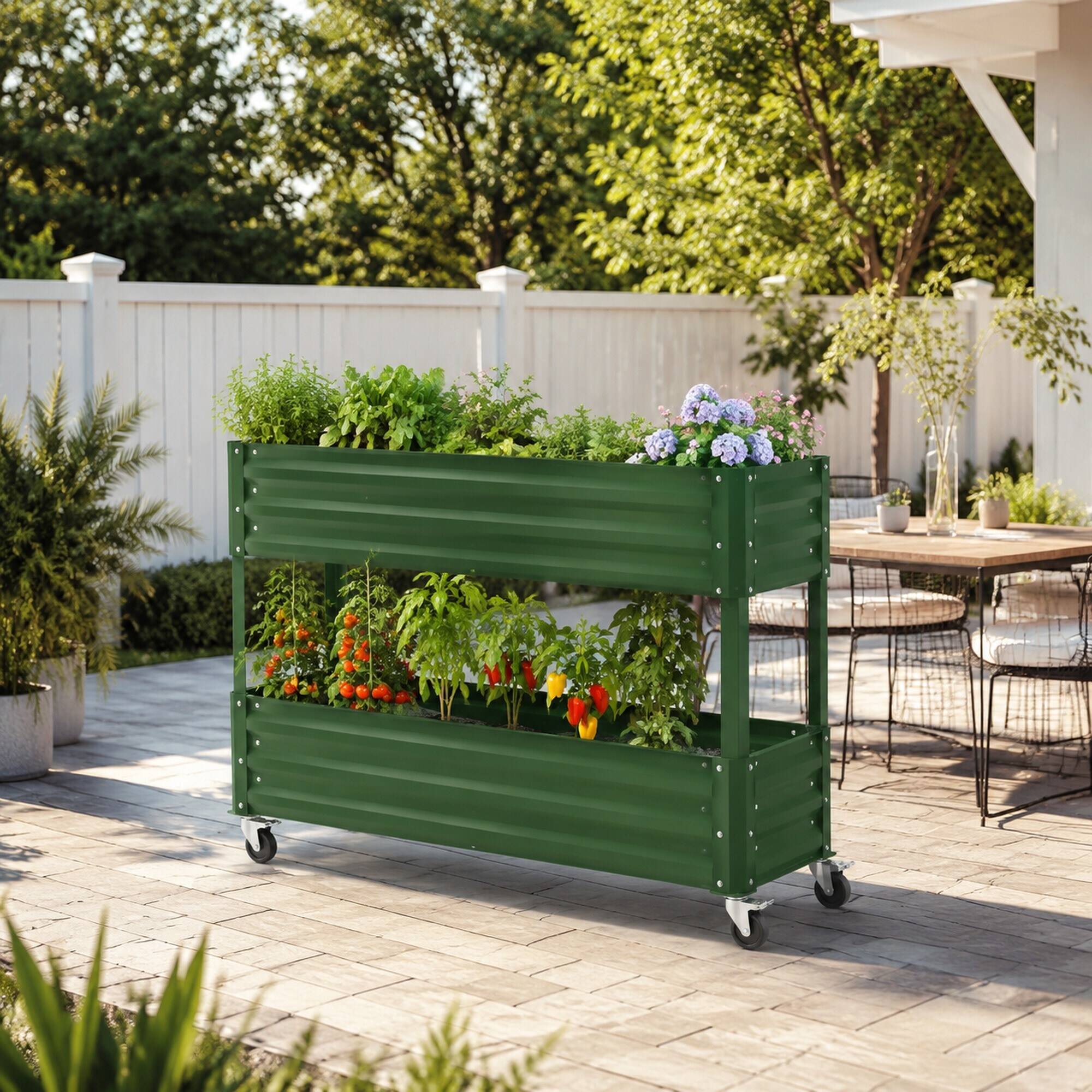 Back. RYHNUYNE - Elevated Metal Raised Garden Bed with Lockable Wheels, Green Two-Tier Self-Watering Planter Box for Vegetables - Green.